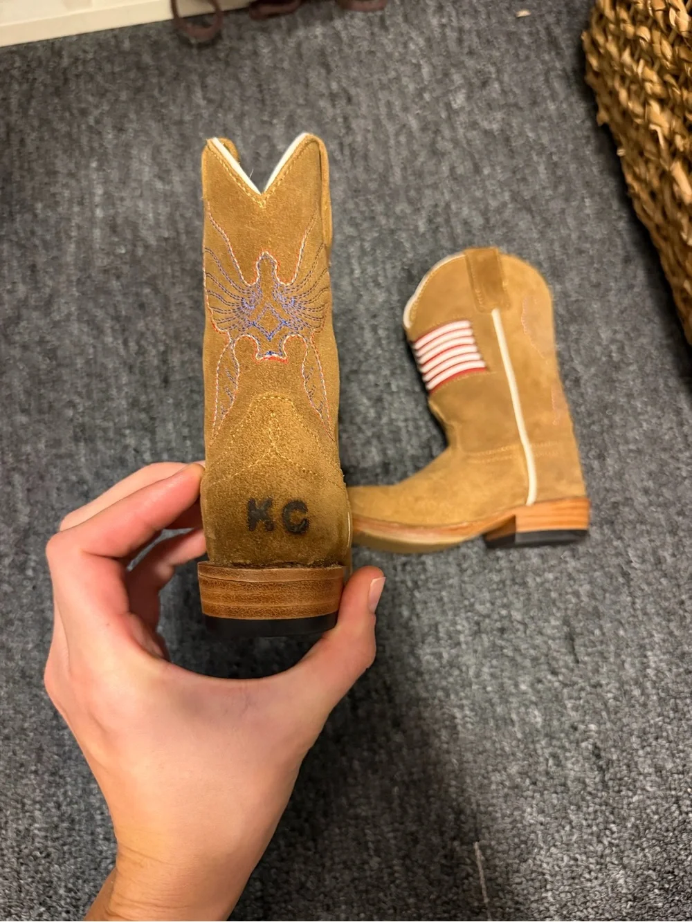 Kids Tan Suede Western Boots with American Flag Accent